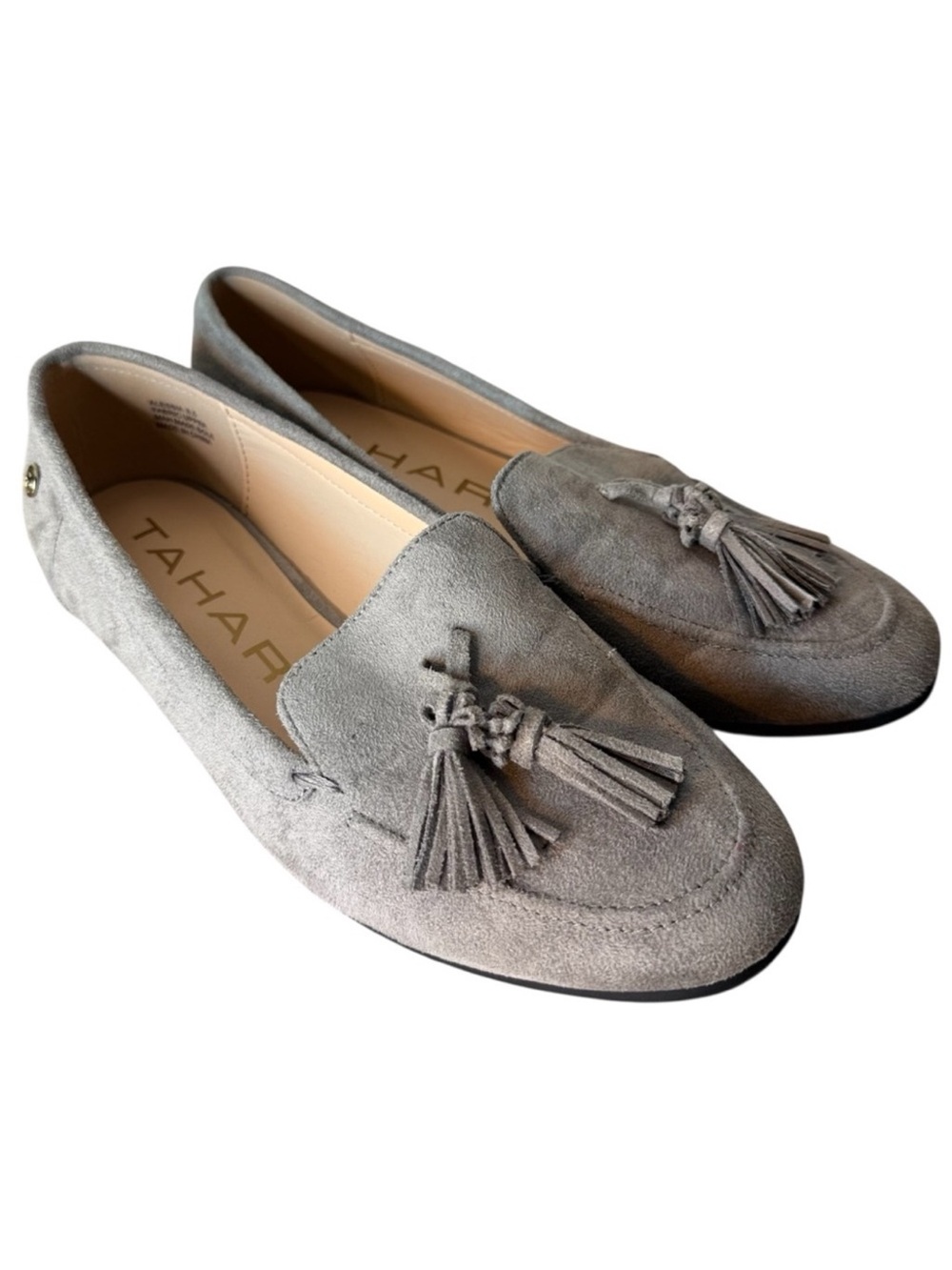 TAHARI GIRL Grey Alessia Microsuede Loafers Flats Tassel Slip On Size 8.5